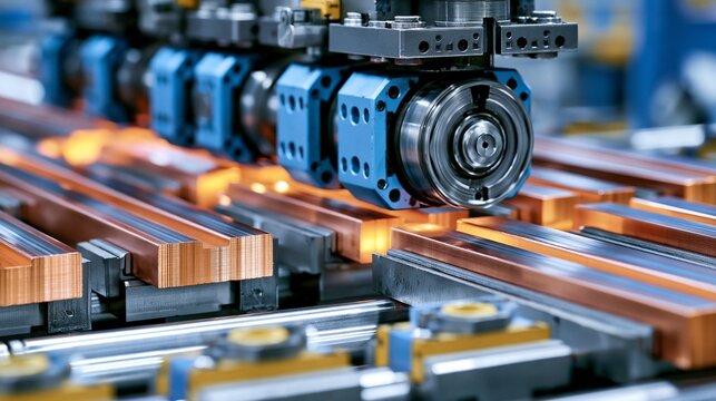Closeup of copper busbar production line showing precision cutting and shaping for efficient power distribution in industrial settings.