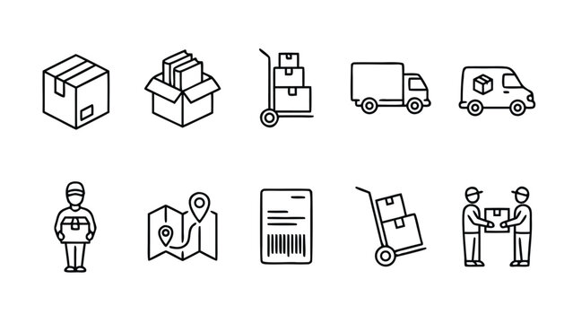 Comprehensive vector set of moving boxes and delivery line icons in a clean minimalistic style. Features shipping packages, delivery truck, van, courier, hand truck, map, and barcode icons.