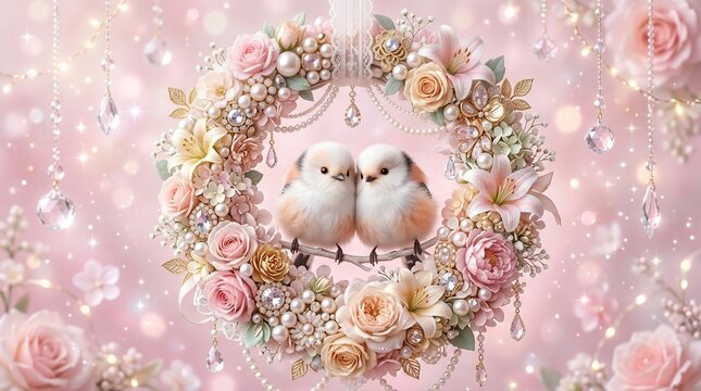Two white birds on heart shaped floral wreath with pink roses and crystals