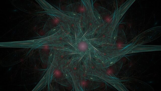 Intricate symmetrical teal cyan fractal starburst with glowing flowing lines and scattered red light orbs forms complex cosmic pattern on black background.