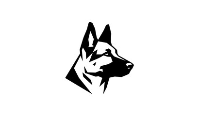 German shepherd dog head vector illustration, black and white geometric profile portrait of a guard dog isolated on a white background. © Riya