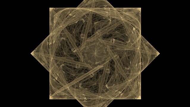 Intricate golden yellow fractal star with dense chaotic interwoven lines and layered square frames creates symmetrical abstract pattern on black background.