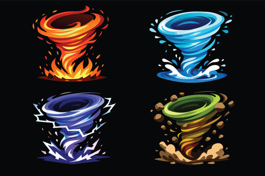 Set of four stylized elemental tornado vector illustrations featuring fire, water, lightning, and earth themes with vibrant colors and dynamic motion effects for game design and graphic assets.