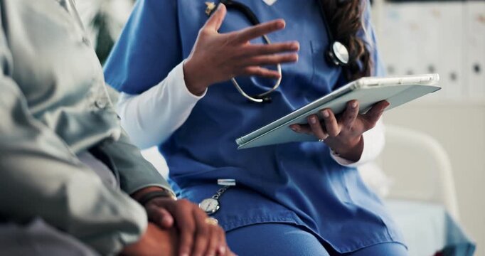 Healthcare, old person and hands with tablet in hospital, talk or discussion for test results on web. Medical professional, scroll and explaining diagnosis to elderly patient, senior care and online