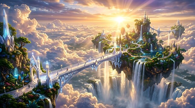 Breathtaking Fantasy City in the Clouds with Golden Sunset and Waterfalls.