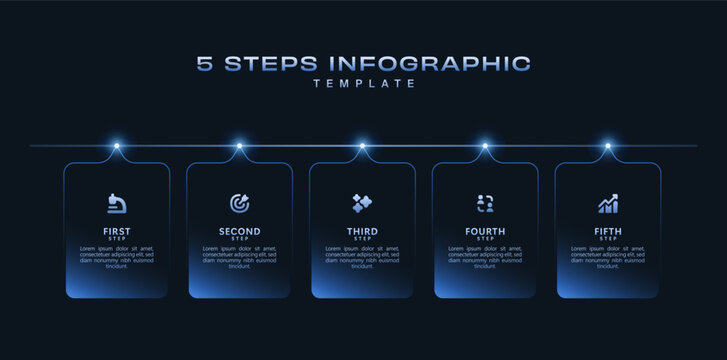 Dark minimal infographic template with gradient icons and 5 step workflow diagram. Modern vector layout for business presentation, flowchart, marketing report, digital strategy, Digital Style Pack Pro