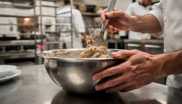 Close shot of culinary worker mixing large bowl of ingredients on steel prep table foreground in focus and kitchen activity blurred capturing dynamic batch cooking environment.
