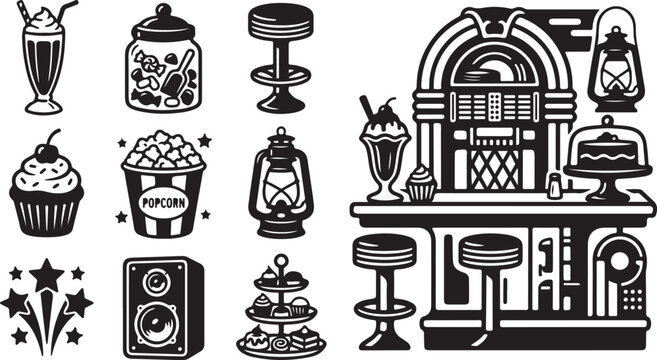 Vintage Black and White Dessert Bar Illustration