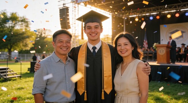 male graduate and girl taking selfe with cellphone outside