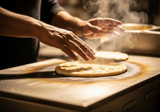 Chef hands preparing fresh flatbread on a hot griddle in a professional kitchen