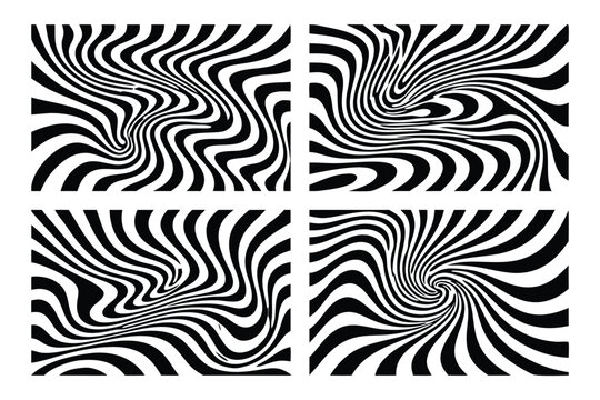 Set of four abstract wavy trippy patterns in black and white. Vector psychedelic background with liquid distortion, hypnotic swirls, and optical illusion effects. Aesthetic retro groovy design.