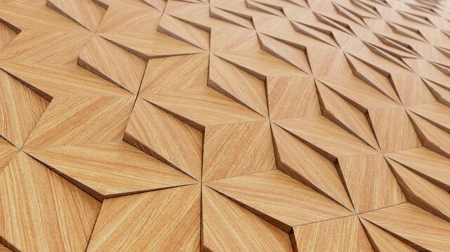 Dynamic continuous moving wooden panels forming geometric star and diamond shapes. Loopable 3D render background for modern design concepts.