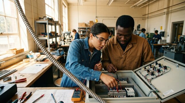 Students in workshop assembling electrical control panel with wiring and testing tools, focused collaboration and hands on technical training in industrial classroom setting