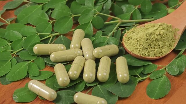 moringa leaf and powder capsule on wooden background