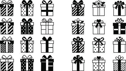 Fototapeta premium Gift box silhouettes collection, decorative present icons, festive packaging artwork, ribbon bow designs, holiday celebration vector, creative wrapping illustration bundle
