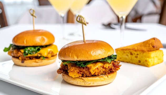 Chicken sliders with cornbread and cocktails on white plate, bright background