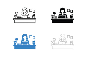 Naklejka premium Director Desk Icon Set with a Woman Working at an Office Workspace with Laptop, Lamp, and Plant; Four Style Variations Including Outline, Solid Black, Blue, and Thin Linear UI Button Vector Design.