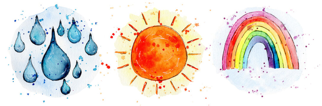 Aquarell Regentropfen, Sonne und Regenbogen handgemalt