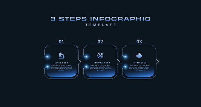 Dark minimal infographic template with gradient icons and 3 step workflow diagram. Modern vector layout for business presentation, flowchart, marketing report, digital strategy, Digital Style Pack Pro