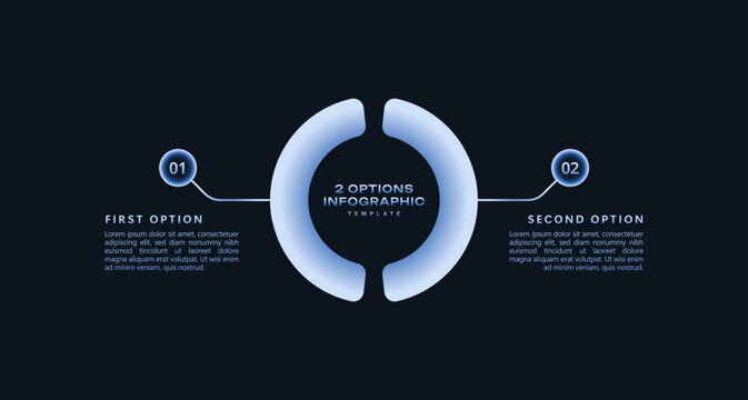 Futuristic 2 step circle infographic template with dark blue gradient style, modern business workflow design, presentation diagram, and clean vector technology layout.
