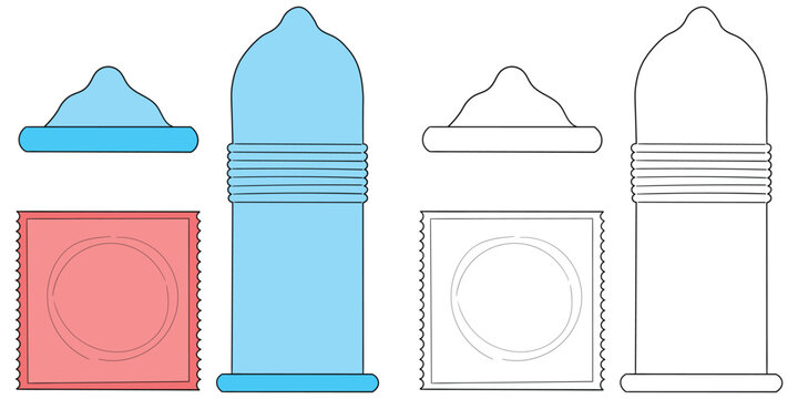 Hand-drawn cartoon and doodle set of condoms on a white background.