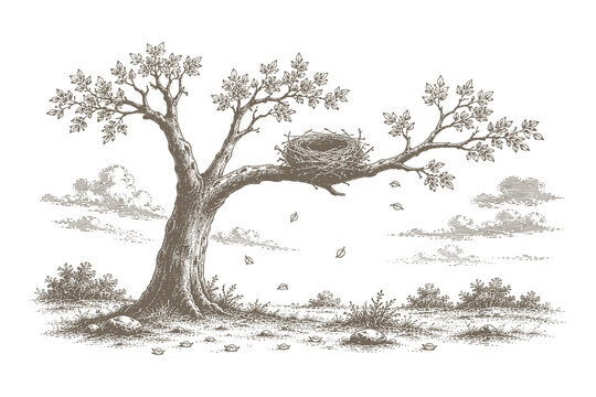 Classic engraving style vector illustration depicting an empty bird nest perched securely on a branch of a large solitary tree in an open meadow.