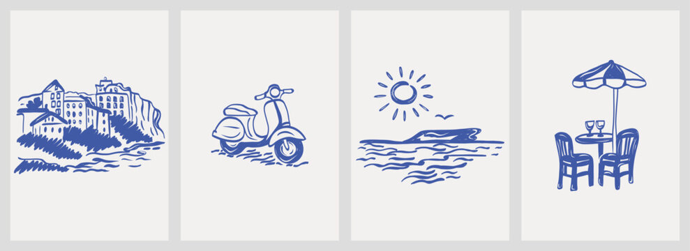 Doodle beach vector illustration set. Coastal elements like sea, scooter, coastal breeze for summer t-shirts, posters, and placard prints. Vector.