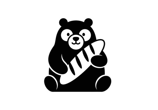 Cute black bear holding a fresh baguette bread logo