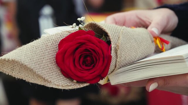 Close-up of hands holding a red rose wrapped in paper with a book. Romantic gift concept, love, celebration, education and special occasion present. High quality 4k footage