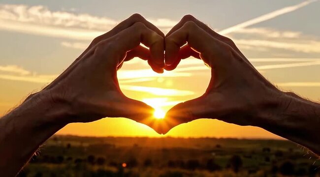 Two hands forming a heart shape silhouette against a dramatic golden sunset, the light bleeding through the finger gaps.