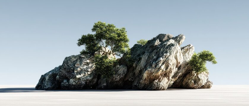 Rocky islet with trees in calm sea under clear sky