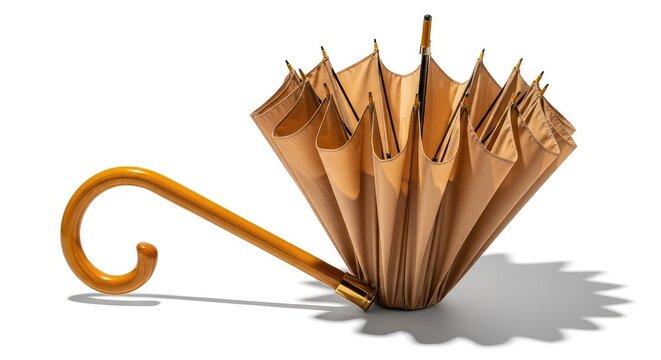 Sophisticated beige umbrella featuring a classic curved wooden handle, presented open on a clean white background for a minimalist style, sophisticated, wooden, waterproof