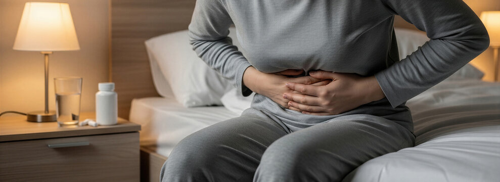 Woman suffering from severe abdominal pain while sitting on bed at night. Food poisoning symptoms and stomach ache. Medical condition, gastrointestinal infection trouble. Banner with copy space