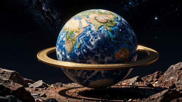 A unique vision of Earth adorned with a golden ring, resting on a desolate moonscape under a starlit cosmic sky