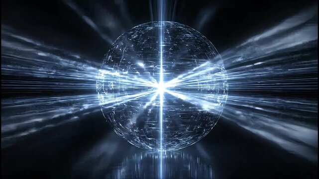 A glowing, intricate geodesic sphere emits light rays against a dark, smoky background