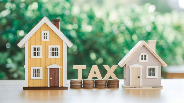 Two miniature houses and tax blocks on a table outdoors