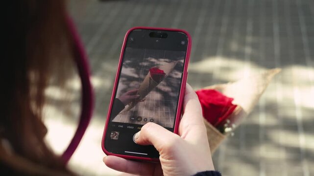 Close-up of woman holding a smartphone outdoors while photographing or viewing a red rose on the screen. Modern mobile lifestyle, social media and everyday digital communication concept. High quality