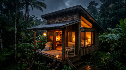 Obraz premium Cozy cabin nestled in a lush, rainy tropical forest at dusk