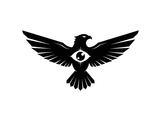 Eagle silhouette with large eye emblem on white background