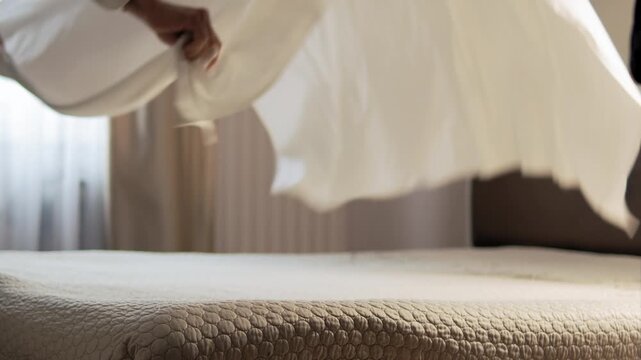 Steward trow up the sheet over the bed and smoothly and precisely straightens it