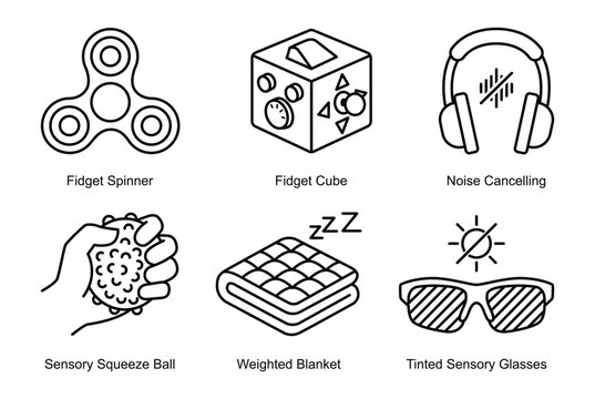 Sensory Regulation and Fidget Therapy Line Icons Featuring Spinner, Cube, Noise Cancelling Headphones and Weighted Blanket