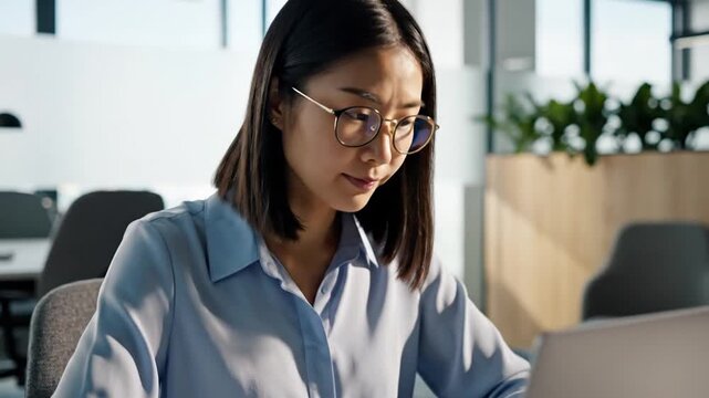 Woman wearing glasses works on laptop in modern office environment indoors