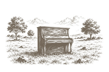 Detailed line art vector illustration showing an upright acoustic piano standing abandoned in the middle of a grassy field with trees and distant hills. © Chairul