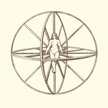 Vitruvian man in sphere illustration with vitruvian proportion geometry renaissance leonardo humanism philosophy mathematics architecture symmetry composition artistic historical cultural
