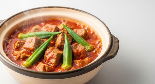 A bubbling pot of savory bamia stew featuring tender cubes of meat and fresh green okra pods simmering in a rich, red tomato sauce base, onion, culinary, herbs