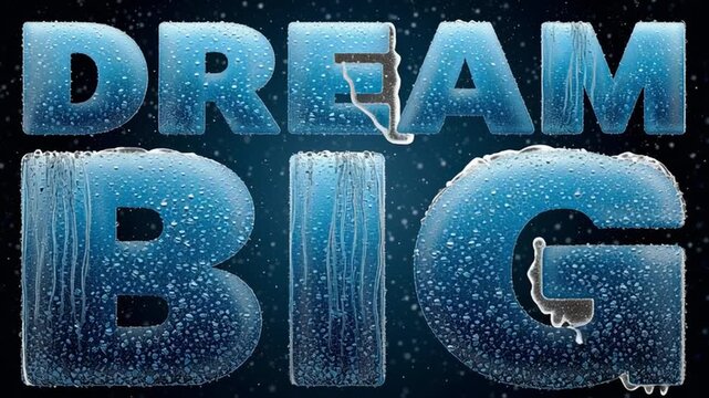 The scene shows bold words saying dream big with a liquid texture. The text has a glossy look with droplets on the surface. The background is dark and enhances the bold design.