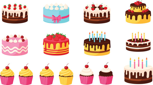 Colorful birthday cakes and cupcakes vector collection with candles frosting cherries and chocolate decoration for celebration designs