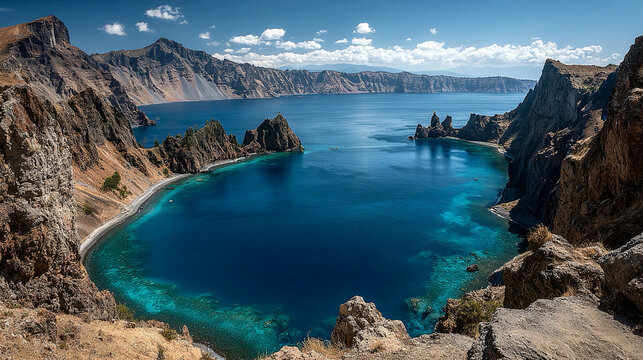 Volcanic crater lake surrounded by rugged cliffs, vibrant blue water contrasting with rocky edges, reflecting sky, dramatic geological formations captured in sunlight.