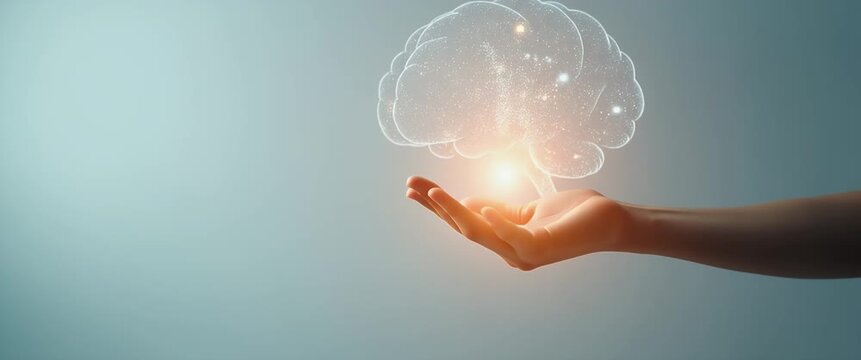 Hand holding holographic self improvement symbol representing growth mindset development self improvement in empty space background concept as A hand holds holographic self improvement symbol illustra