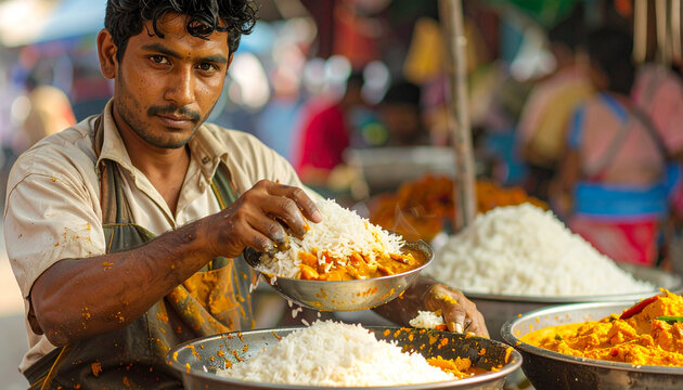 
A vibrant traditional Indian and Thai food market offers a fresh, healthy buffet of delicious meat dishes, vegetables, and sweet desserts served on a dinner table at an authentic Asian